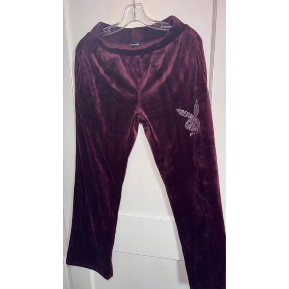 Vintage Y2K 2000’s Playboy Rhinestone Burgundy Red Velour sweat pants women’s s